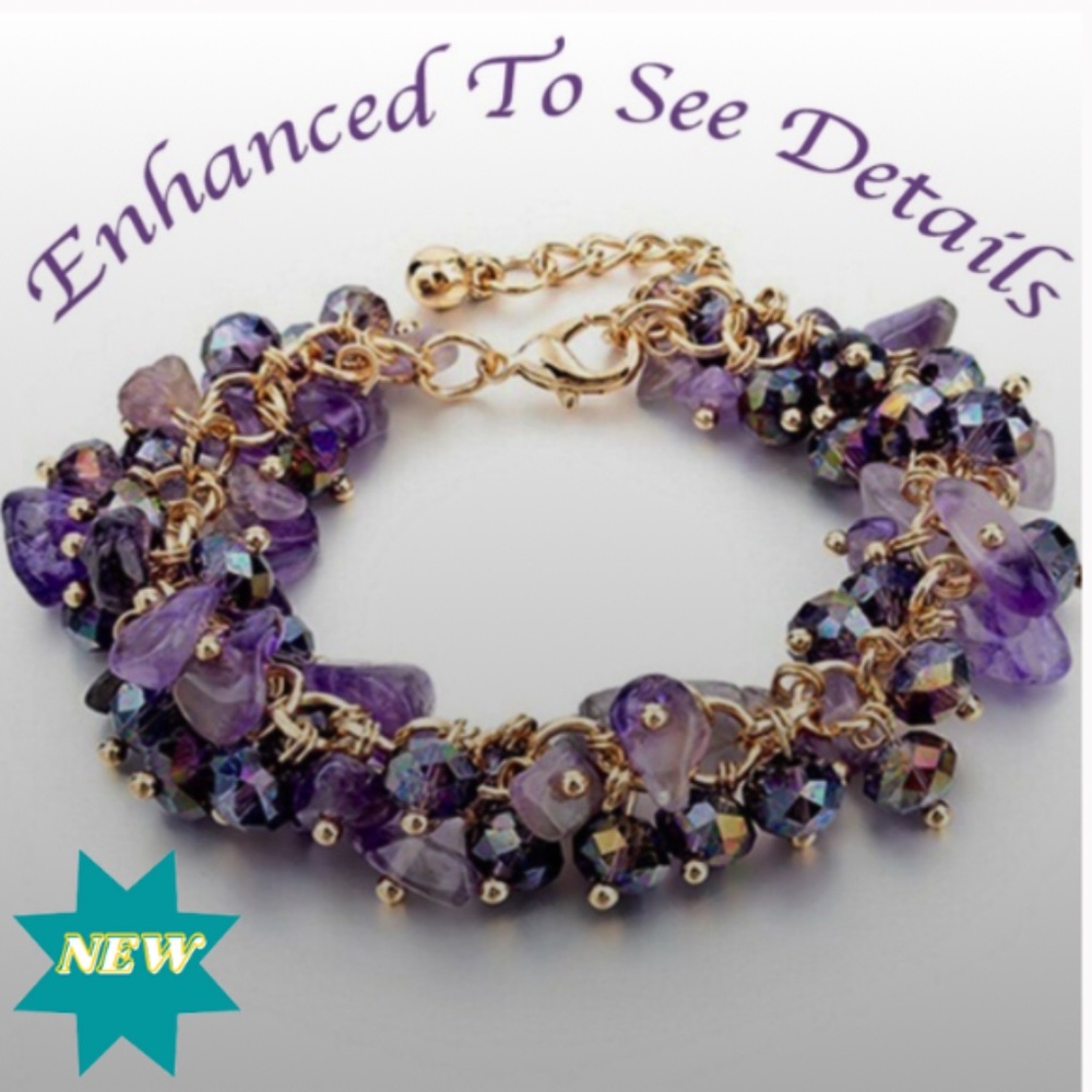 Natural Crystal Purple Stone Chipped Raw Bracelet - Up to 8" W/Extender - Picture 2 of 9